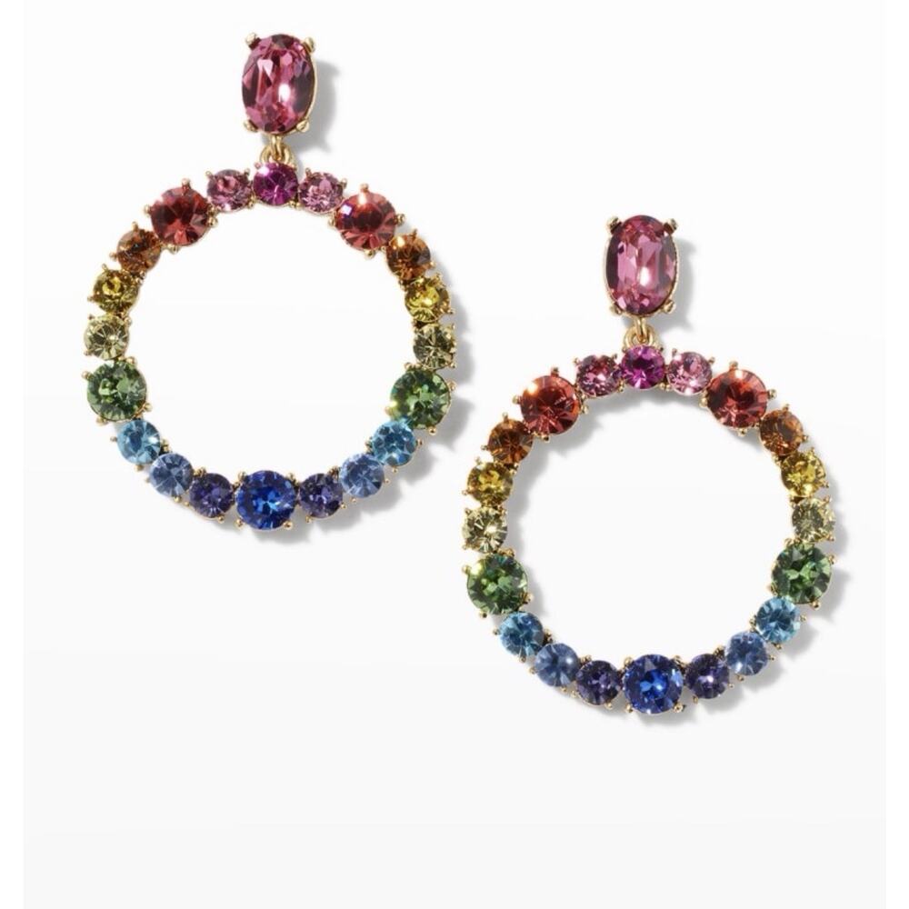 OSCAR DE LA RENTA Multicolor Crystal Zircon Gold Plated Hoop drop Stud Earrings